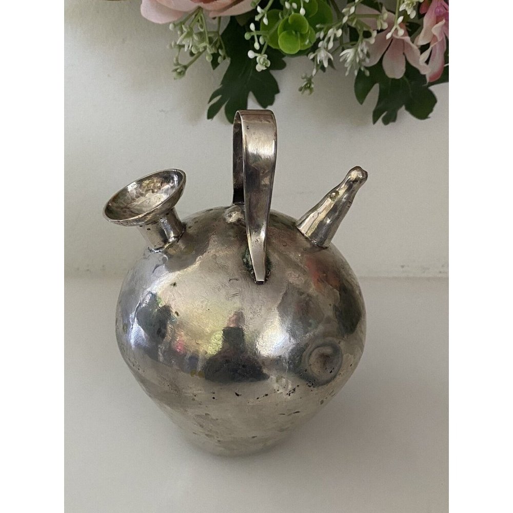 Vtg Metal Silver Color Gargoulette Jug or Botijo Water Oil‎ Jug Pitcher Handmade